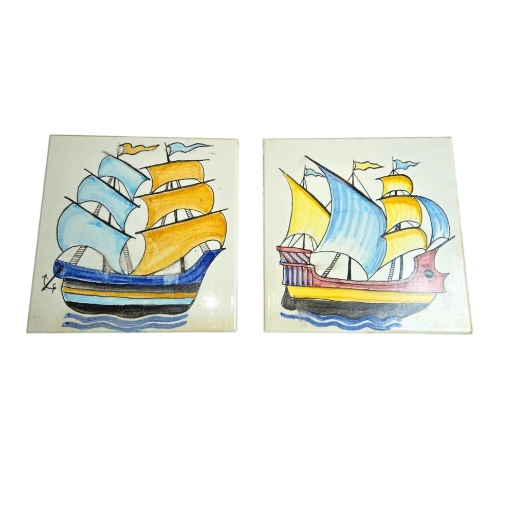 Pair of Vintage White, Blue & Yellow Galleon Ship‎ Hand Painted Ceramic Tiles 6"